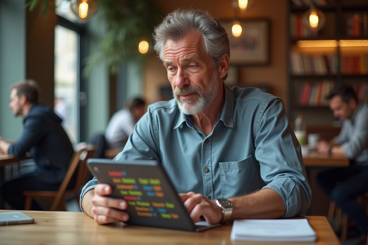 Homme concentré consulte liste de verbes français sur tablette au café