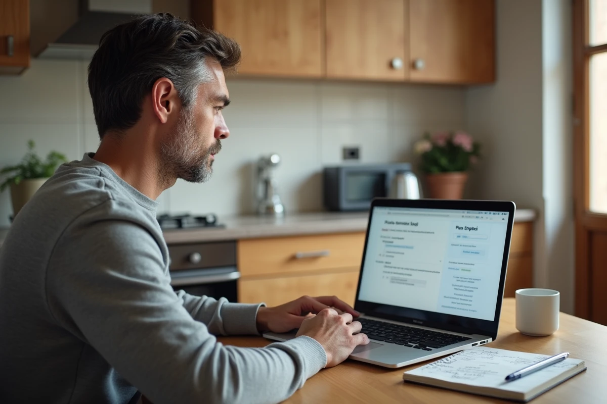 Homme de 45 ans consultant les fiches métiers Pôle Emploi sur un ordinateur portable à domicile pour sa reconversion professionnelle