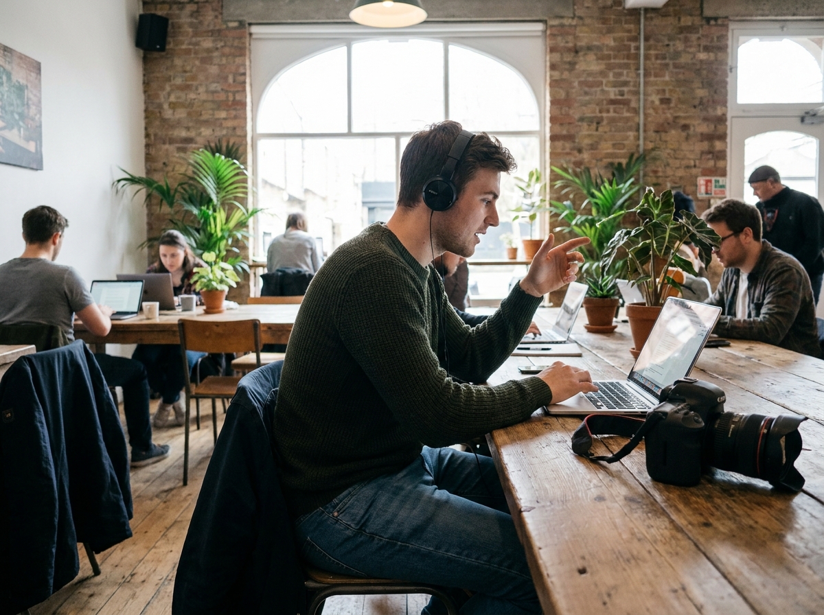 Jeune homme en réunion dans espace coworking café
