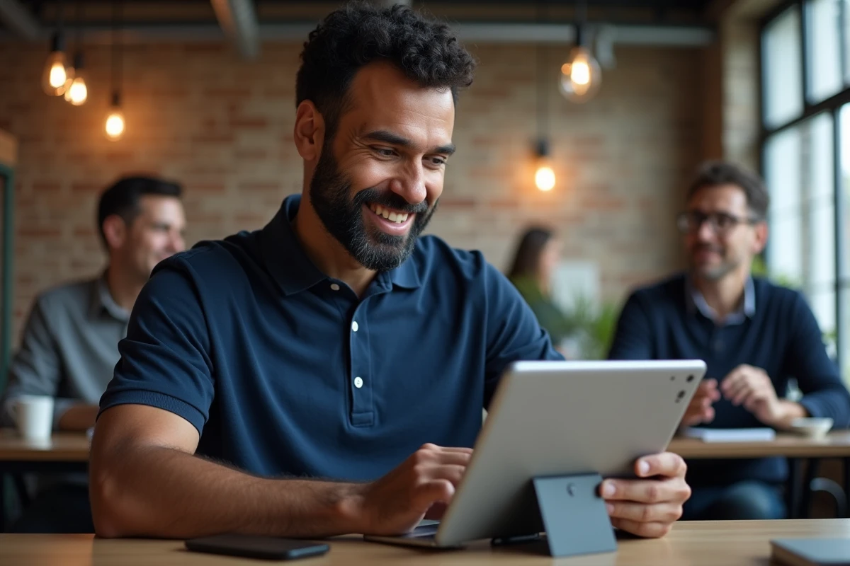 Homme métissé suivant une session de formation Afpa en ligne dans un espace de coworking moderne