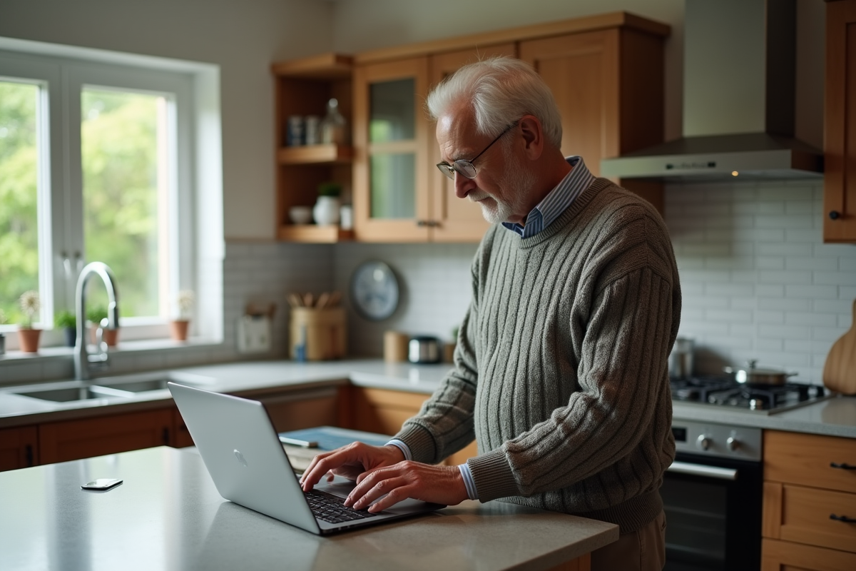 Homme d age en cuisine avec ordinateur portable