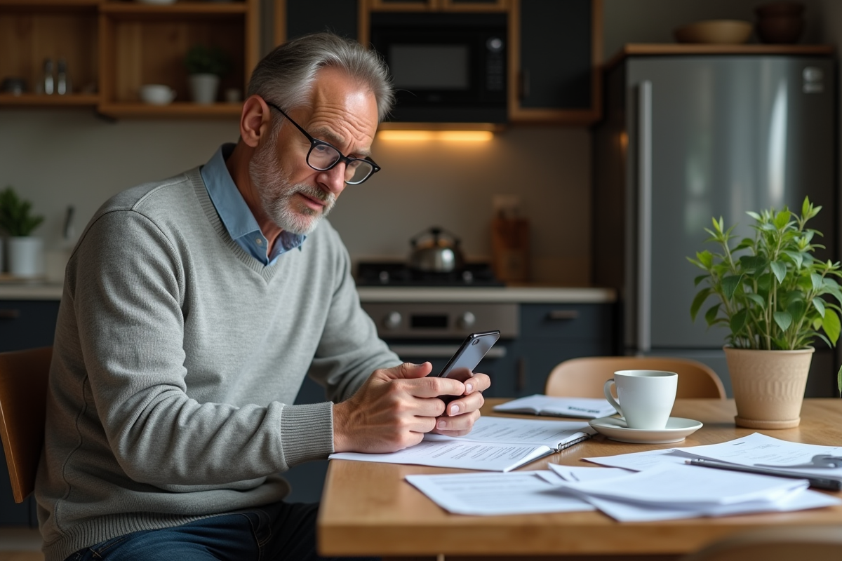 Homme à la maison étudiant des papiers et smartphone