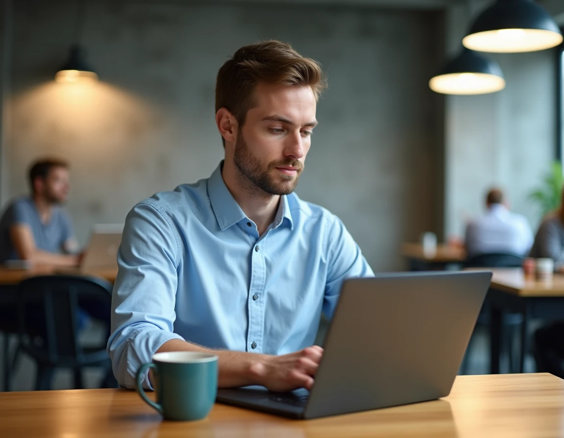 Homme en formation professionnelle en ligne dans un espace de coworking moderne