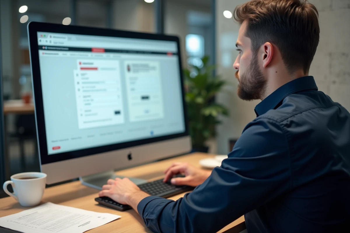 Homme gérant plusieurs comptes sur une plateforme d'examens en ligne depuis un espace de travail partagé