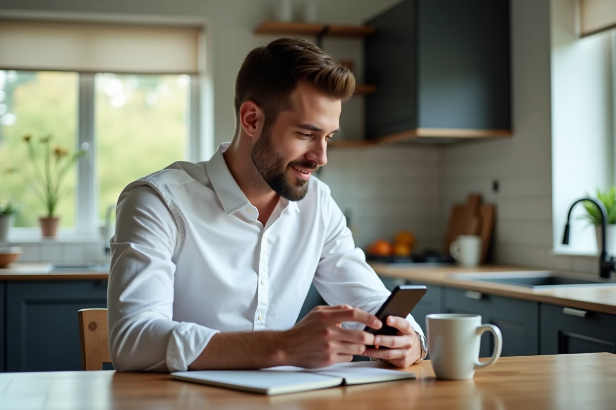 Homme lisant sur smartphone à la maison dans la cuisine