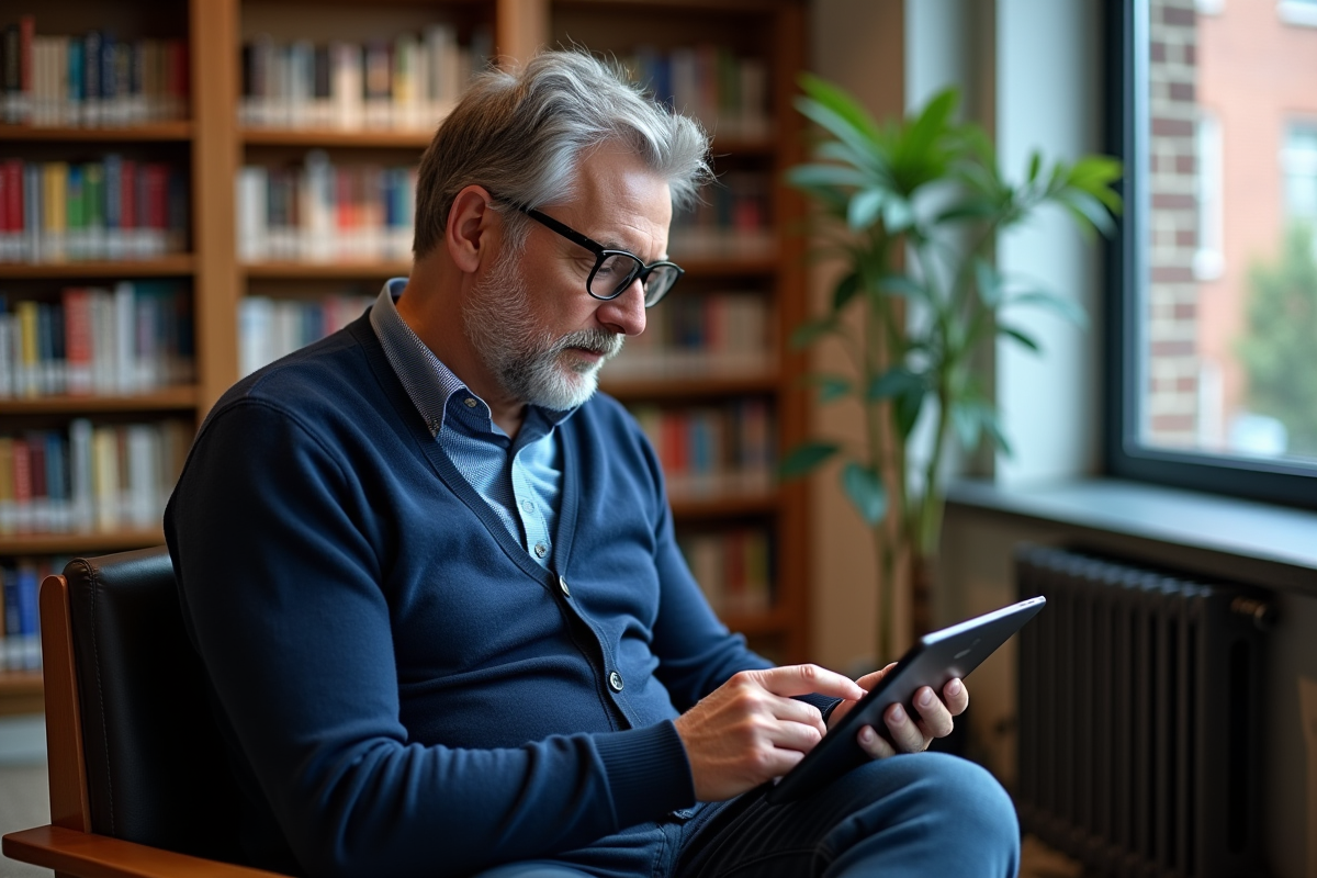 Homme en librairie étudiant un cours en ligne sur sa tablette