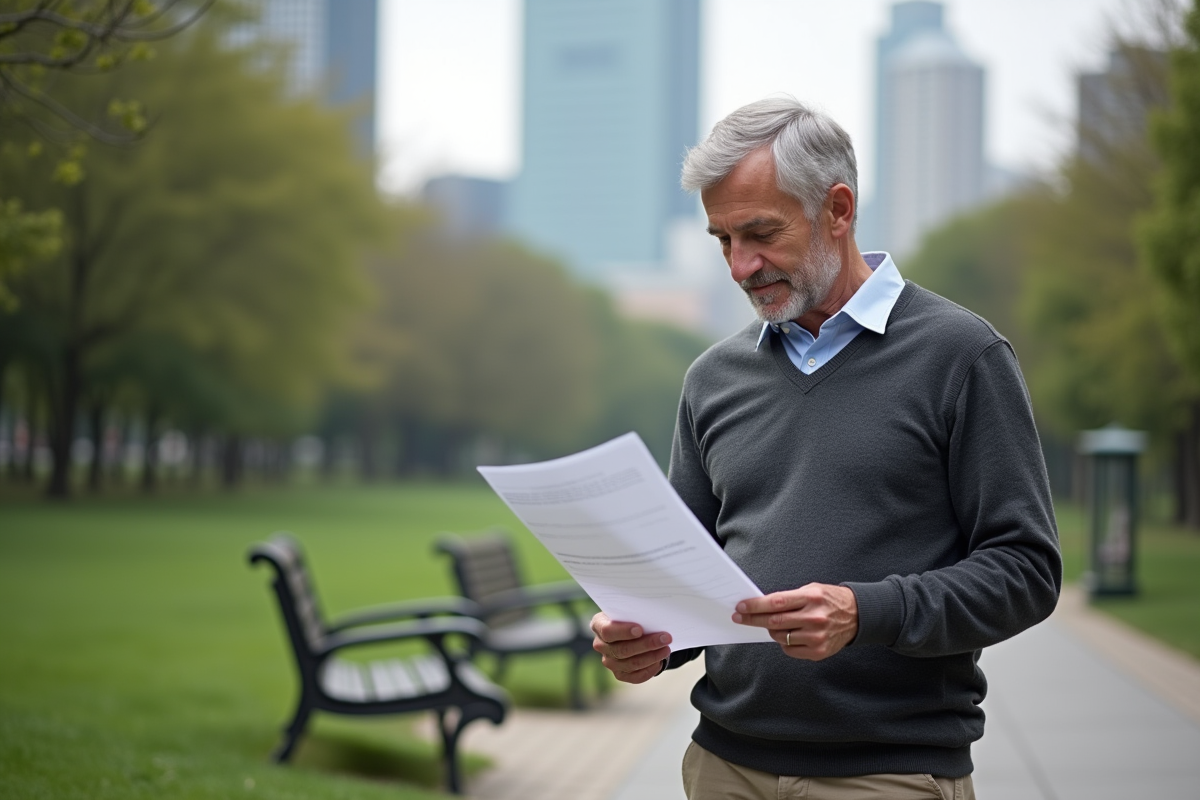 Homme lisant dans un parc urbain calme