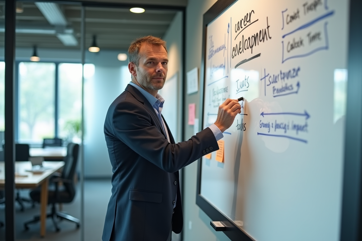 Homme en blazer écrivant ses objectifs devant un tableau blanc