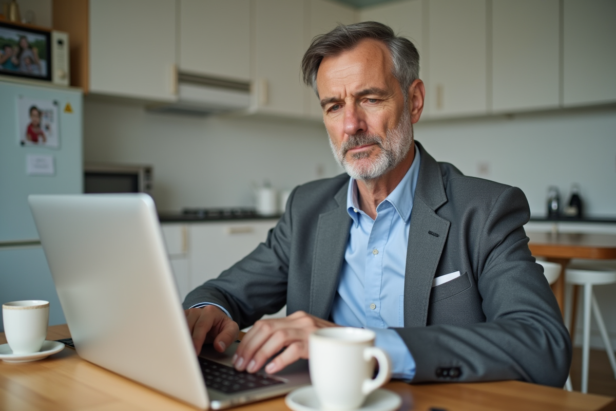 Homme d age travaillant sur son ordinateur à la maison