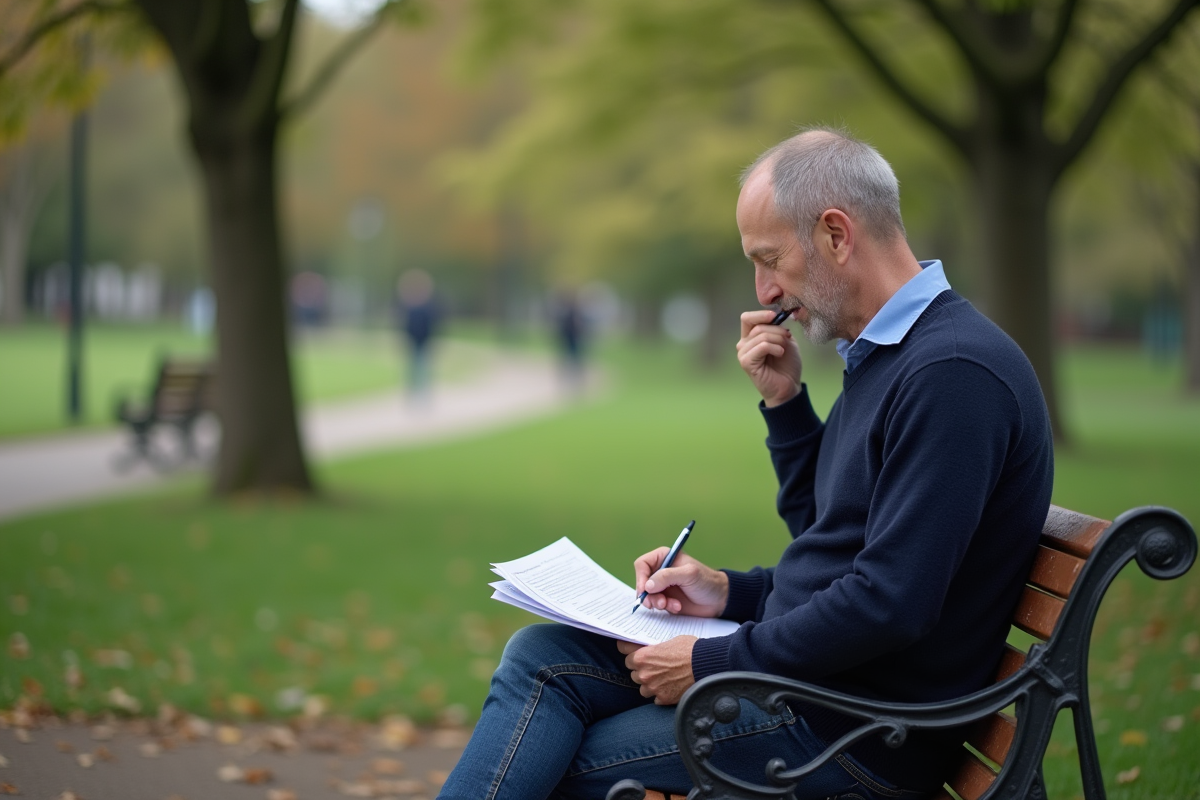 Homme d âge moyen assis sur un banc de parc en train de lire un rapport