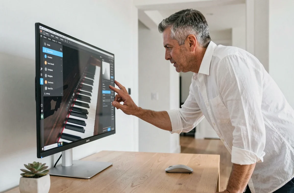 Homme adulte utilisant une interface de piano gratuit en ligne sur un grand écran dans un bureau minimaliste moderne