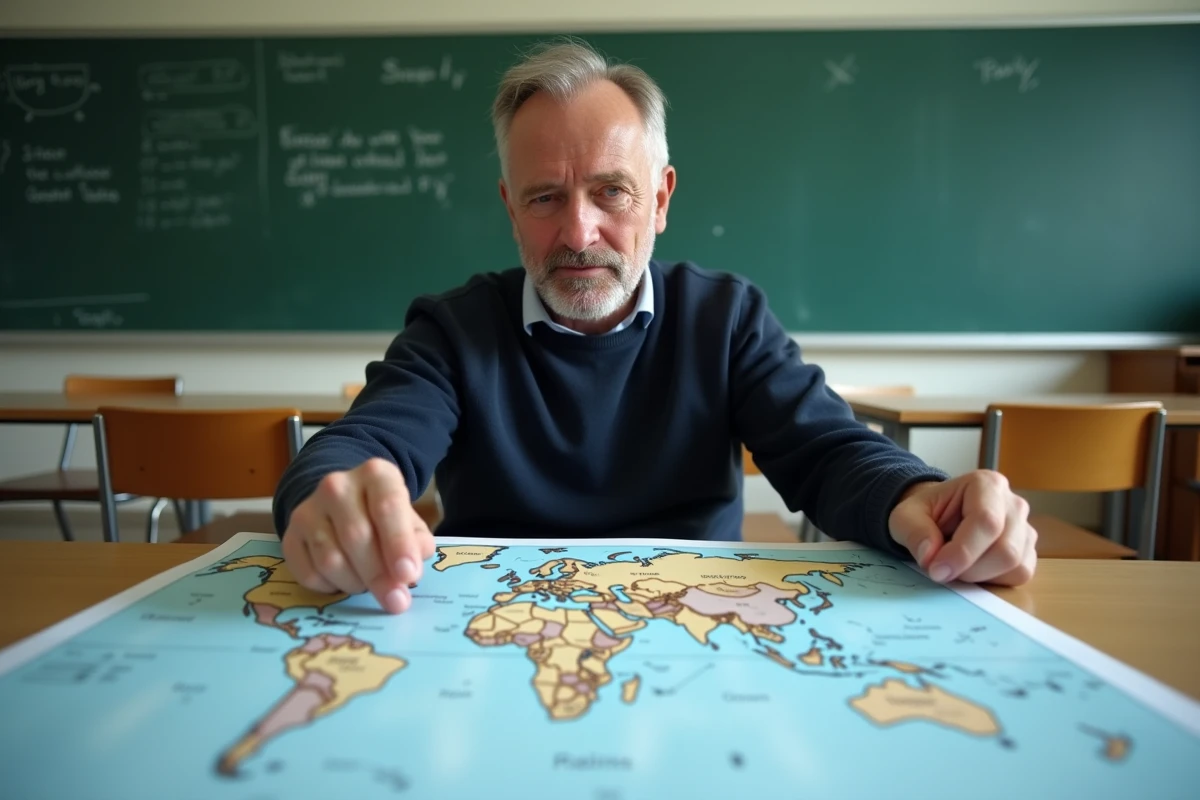 Homme en classe comparant un planisphère corrigé avec les noms des océans et continents sur une feuille imprimée