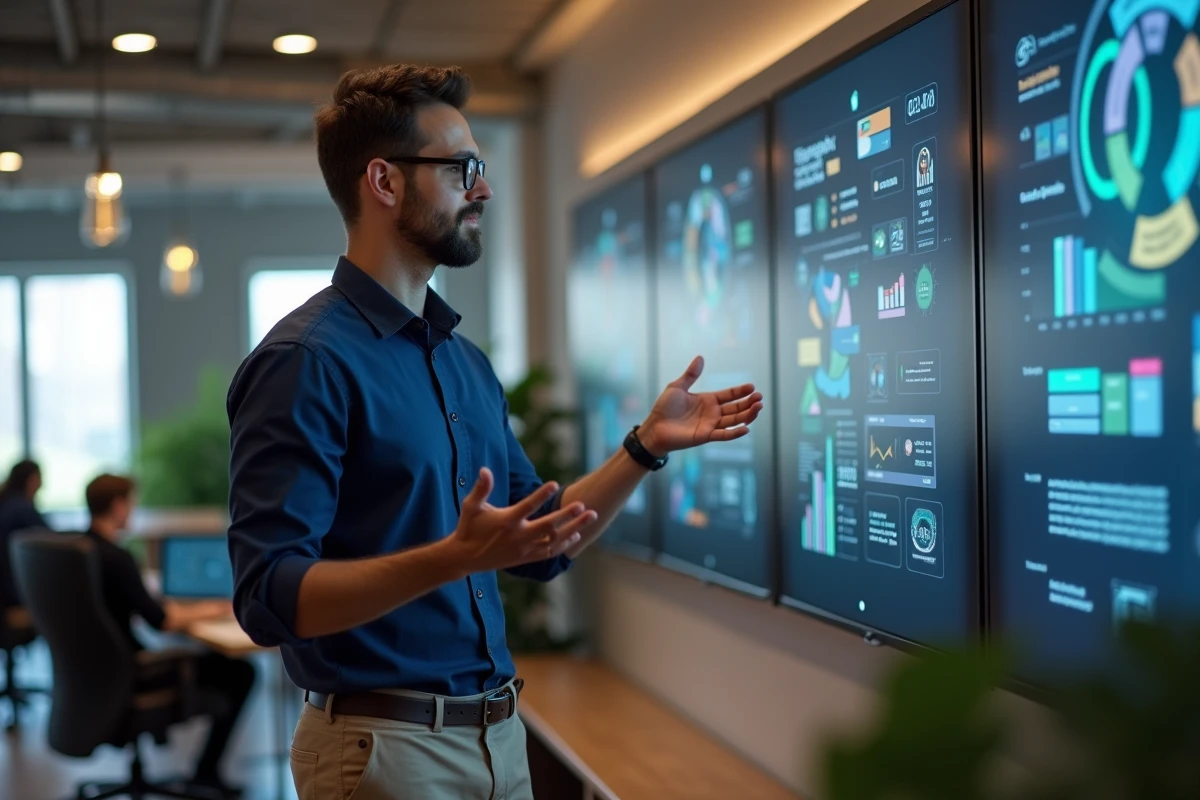 Homme expliquant des infographies dans un espace de coworking