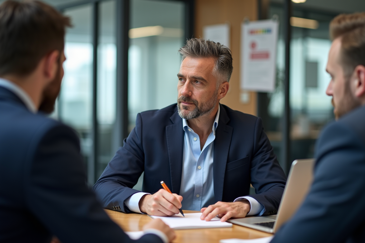 Homme en costume prenant des notes en réunion informelle