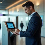 Homme en costume scannant son badge à l'entrée moderne
