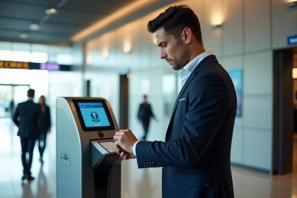 Homme en costume scannant son badge à l'entrée moderne