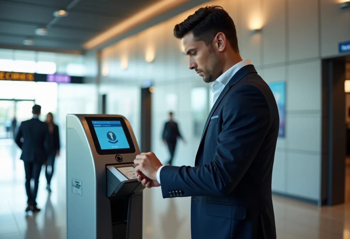 Homme en costume scannant son badge à l'entrée moderne