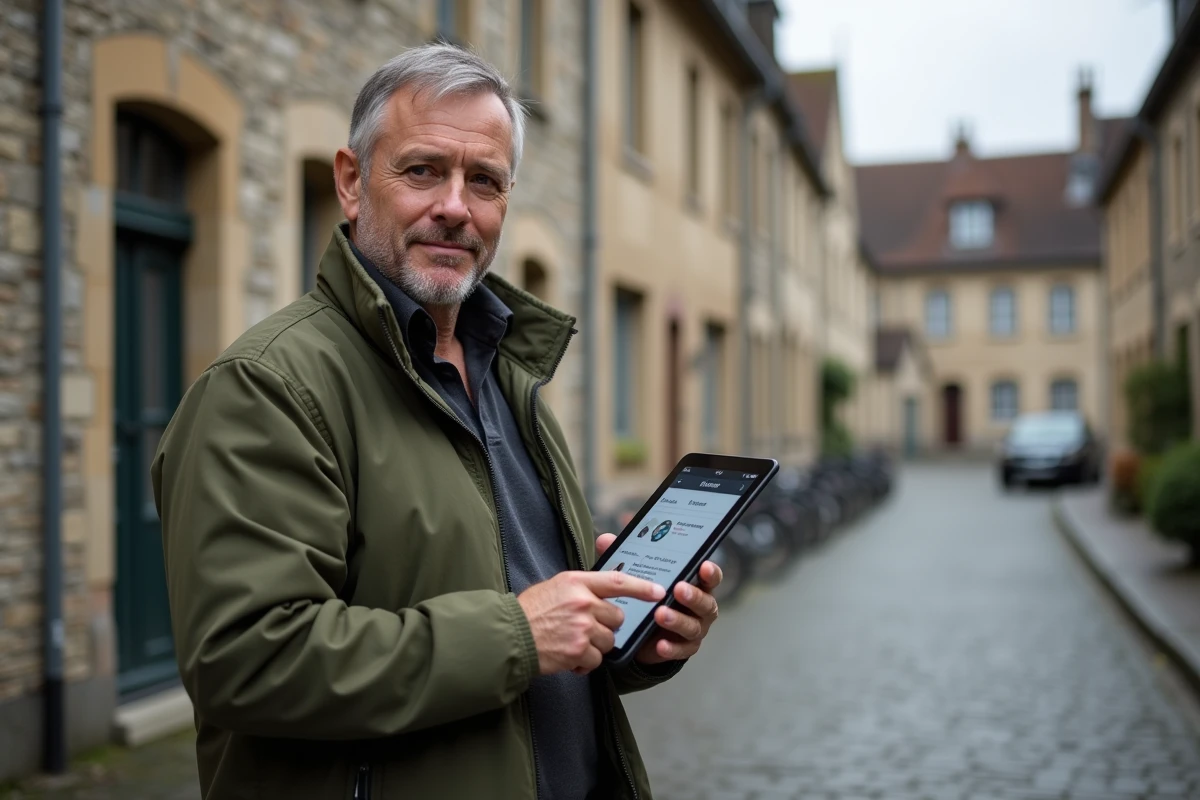 Homme utilisant une application éducative normande sur tablette Android dans une rue à colombages