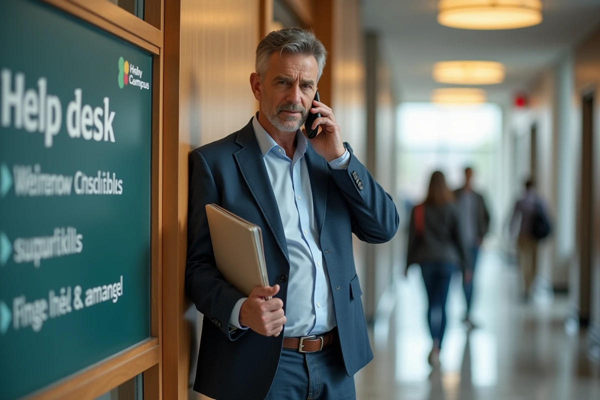 Homme d affaires au téléphone dans un couloir universitaire