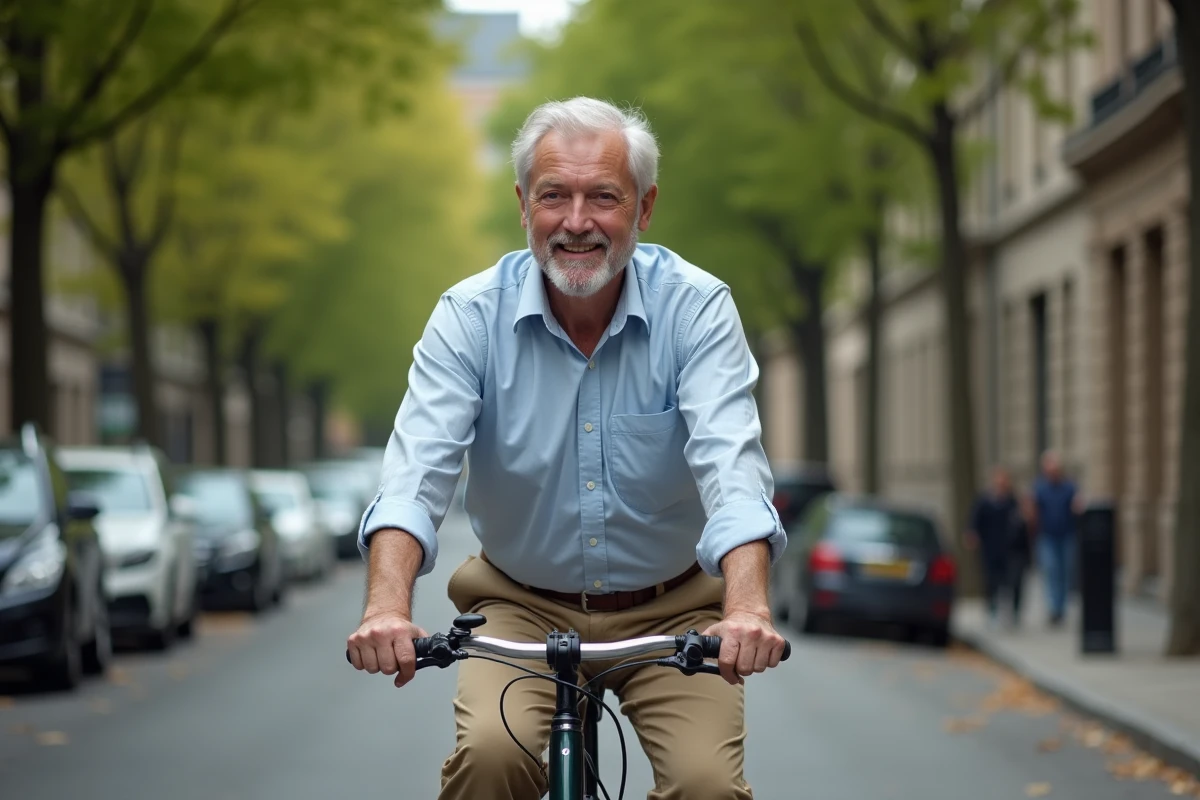 Homme âgé en vélo dans une rue urbaine animée