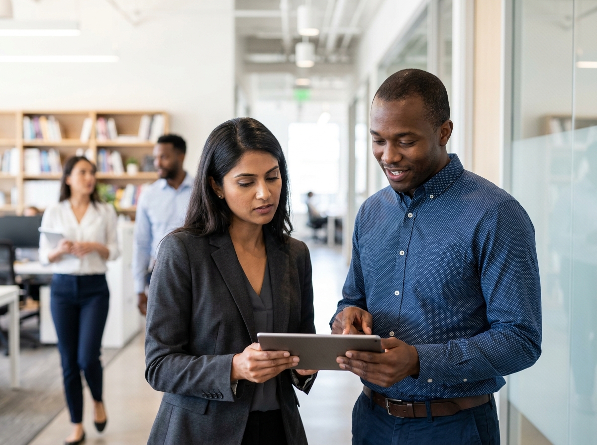 Deux collègues de cultures différentes collaborant dans un couloir de bureau, symbolisant l'inclusion professionnelle