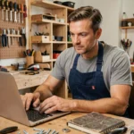 Homme inscrit sur LeLabDuBricoleur regardant un tutoriel bricolage sur son ordinateur portable dans un atelier maison