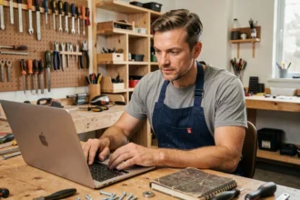 Homme inscrit sur LeLabDuBricoleur regardant un tutoriel bricolage sur son ordinateur portable dans un atelier maison