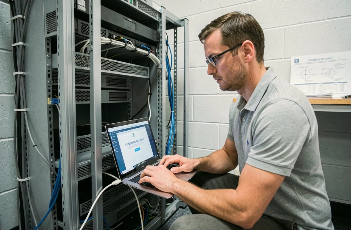 Technicien informatique installant le logiciel CAP RLA sur un serveur dans une salle technique administrative