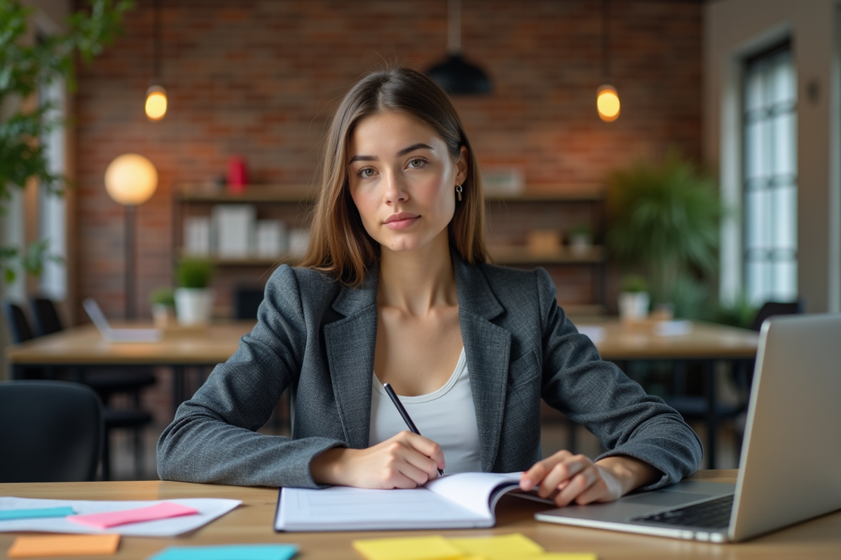 Jeune entrepreneure en réflexion dans un espace de coworking créatif