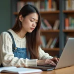 Étudiante assise à une bibliothèque moderne avec son ordinateur portable