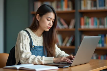 Étudiante assise à une bibliothèque moderne avec son ordinateur portable