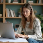 Jeune femme concentrée à son bureau avec lettre d'acceptation