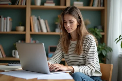Jeune femme concentrée à son bureau avec lettre d'acceptation