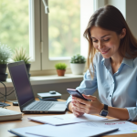 Jeune femme vérifiant son application bancaire sur smartphone dans un bureau lumineux