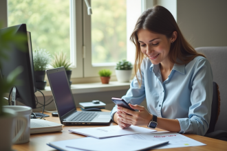 Jeune femme vérifiant son application bancaire sur smartphone dans un bureau lumineux