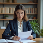 Jeune femme en bureau lisant une lettre de motivation