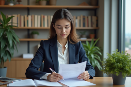 Jeune femme en bureau lisant une lettre de motivation