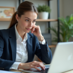 Jeune femme professionnelle travaillant sur son CV dans un bureau lumineux