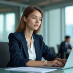 Jeune femme en bureau avec documents financiers et ordinateur