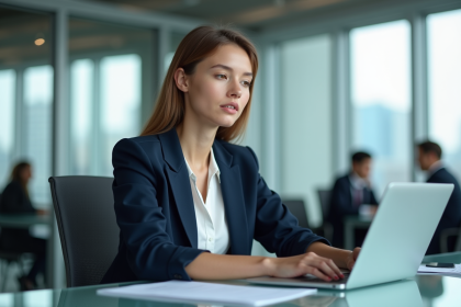 Jeune femme en bureau avec documents financiers et ordinateur