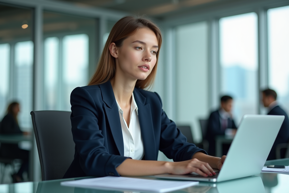 Jeune femme en bureau avec documents financiers et ordinateur
