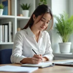 Jeune femme au bureau prenant des notes dans un planner