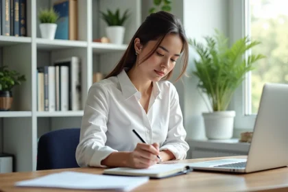 Jeune femme au bureau prenant des notes dans un planner