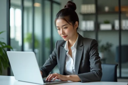 Jeune femme professionnelle utilisant un ordinateur au bureau