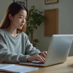 Jeune femme consultant le site Cyclades sur son ordinateur portable pour gérer ses inscriptions aux examens