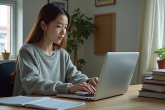 Jeune femme consultant le site Cyclades sur son ordinateur portable pour gérer ses inscriptions aux examens