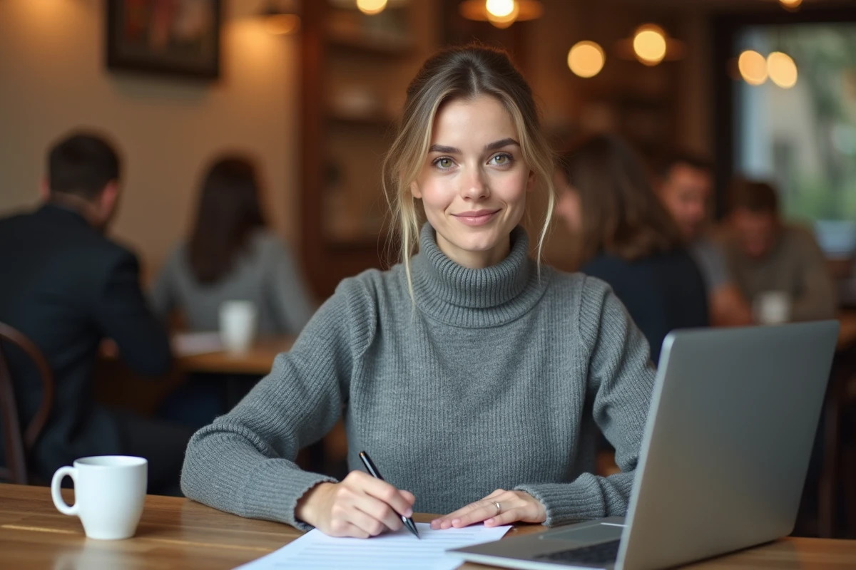 Jeune femme consultant un modèle de lettre de recommandation dans un café