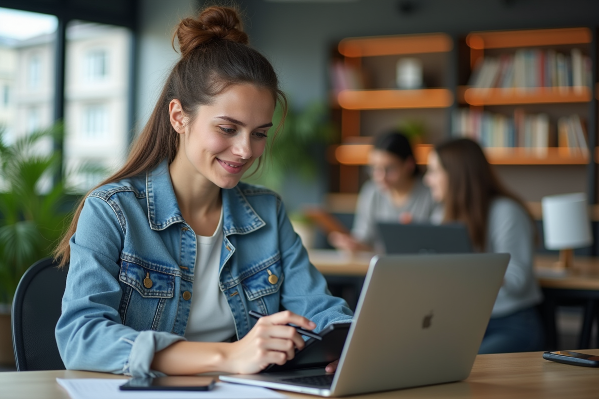 Jeune femme en coworking avec tablette numérique et ordinateur