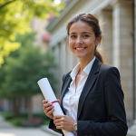 Jeune femme souriante avec diplôme devant universite