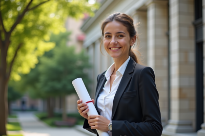 Jeune femme souriante avec diplôme devant universite
